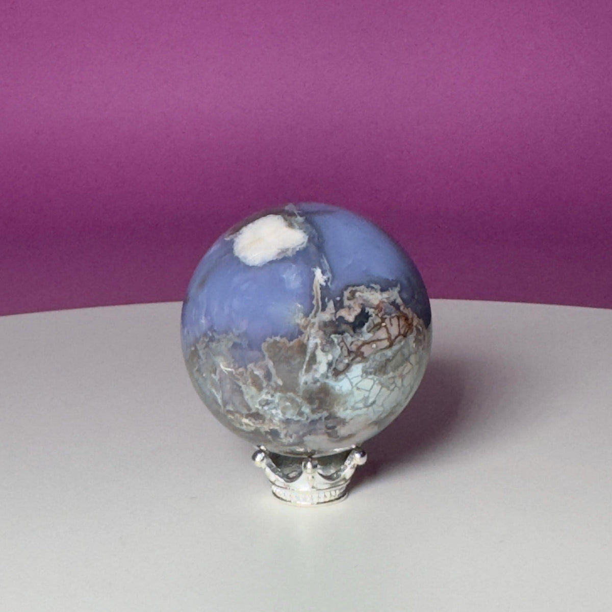 Blue Flower Agate Druzy Sphere with Silver-Tone Stand
