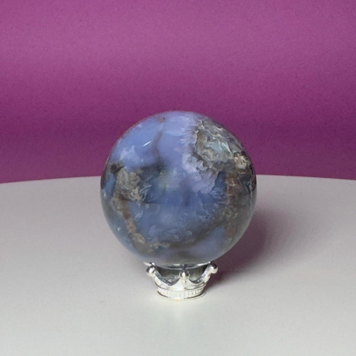 Blue Flower Agate Druzy Sphere with Silver-Tone Stand