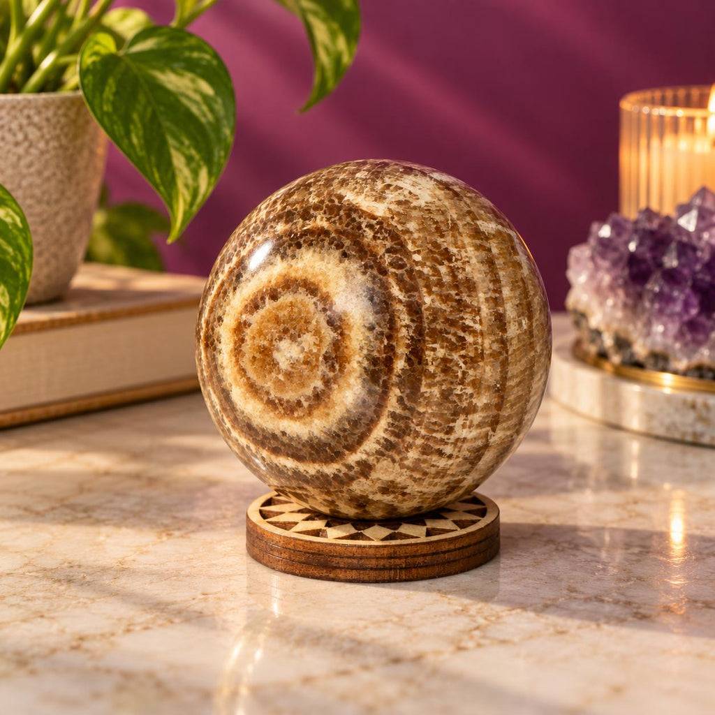 Peruvian Aragonite Sphere with Wood Stand