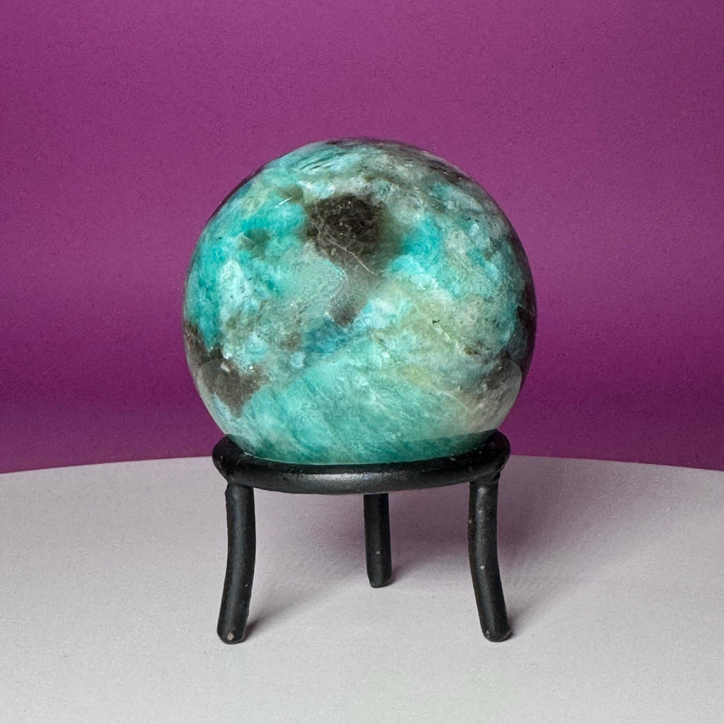 Amazonite with Smoky Quartz Sphere on Wrought Iron Stand