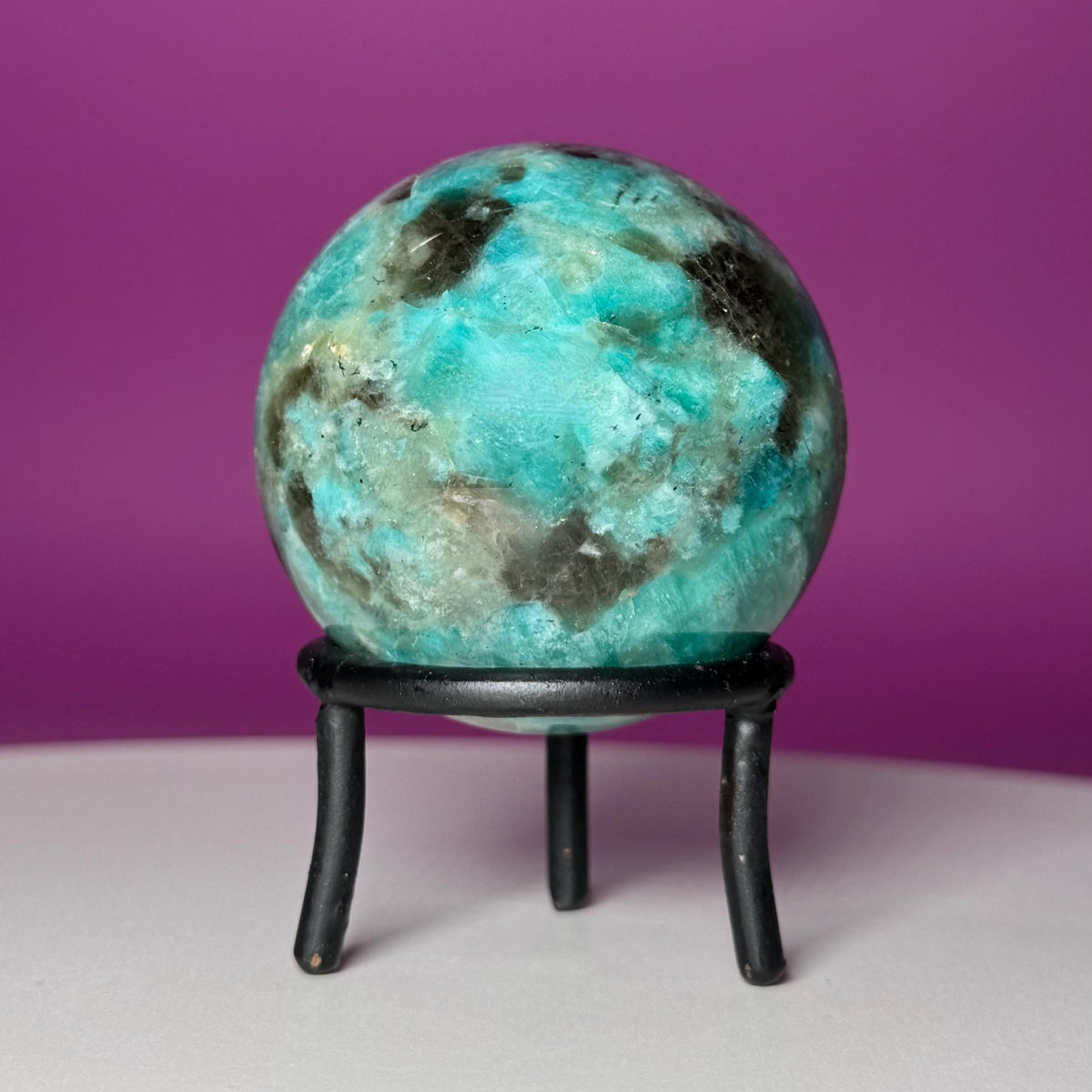 Amazonite with Smoky Quartz Sphere on Wrought Iron Stand