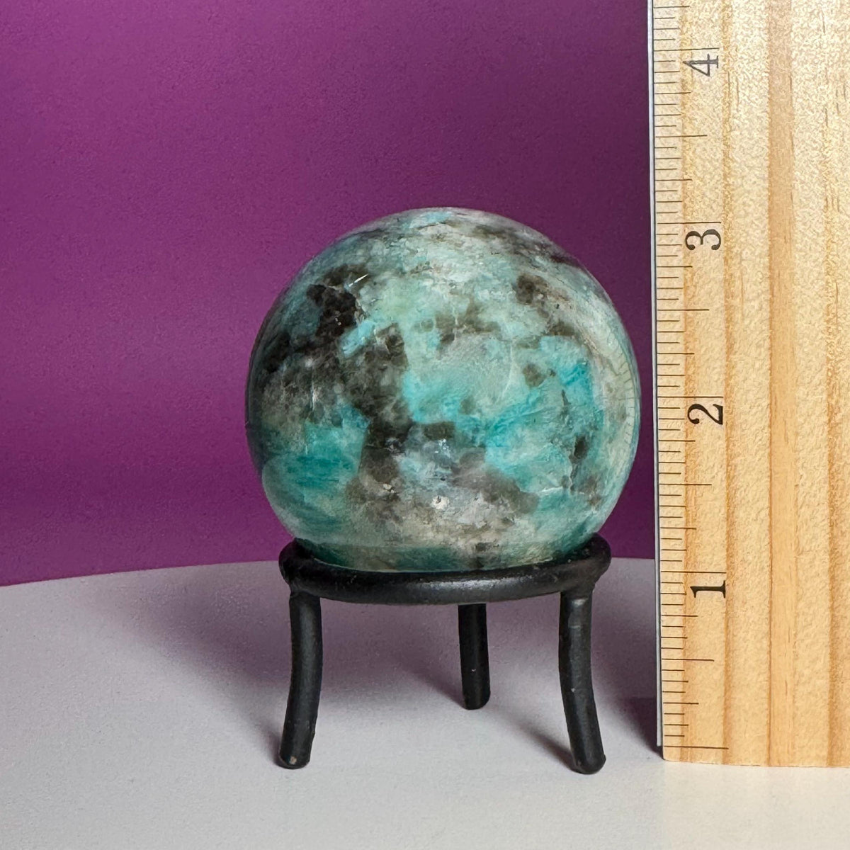 Amazonite with Smoky Quartz Sphere on Wrought Iron Stand
