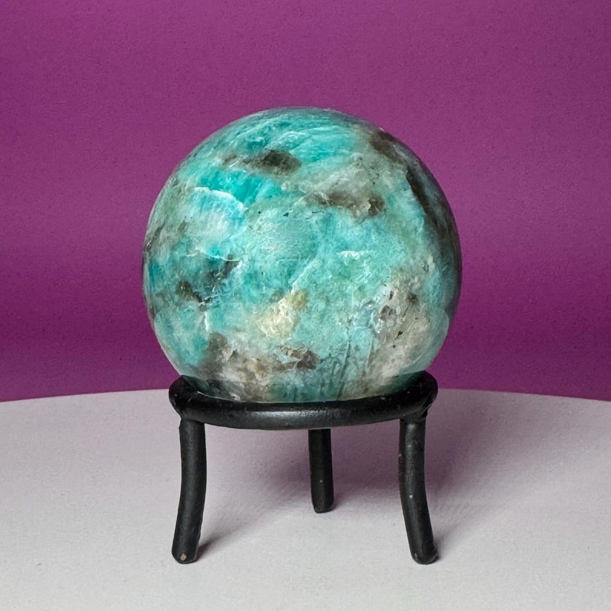 Amazonite with Smoky Quartz Sphere on Wrought Iron Stand