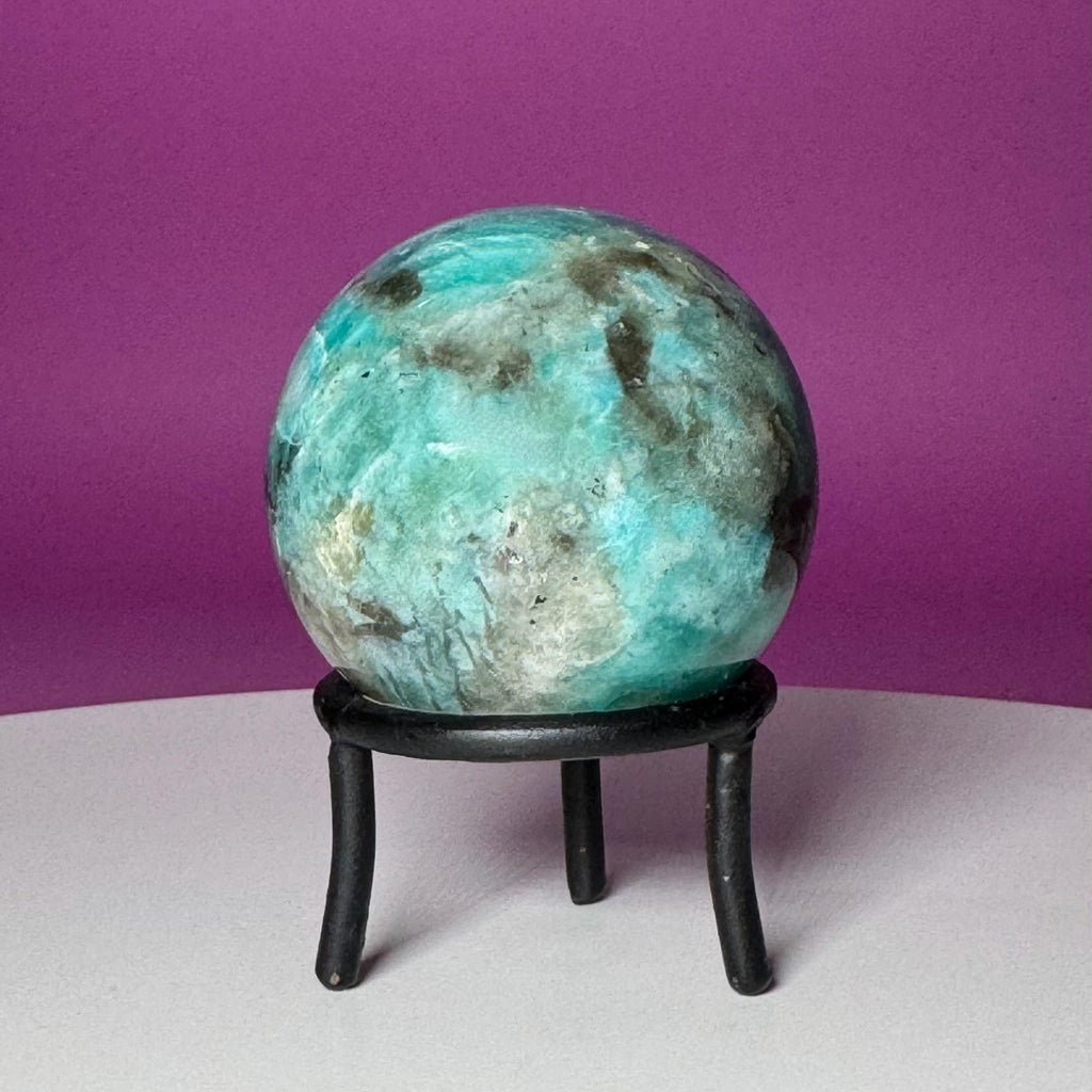 Amazonite with Smoky Quartz Sphere on Wrought Iron Stand