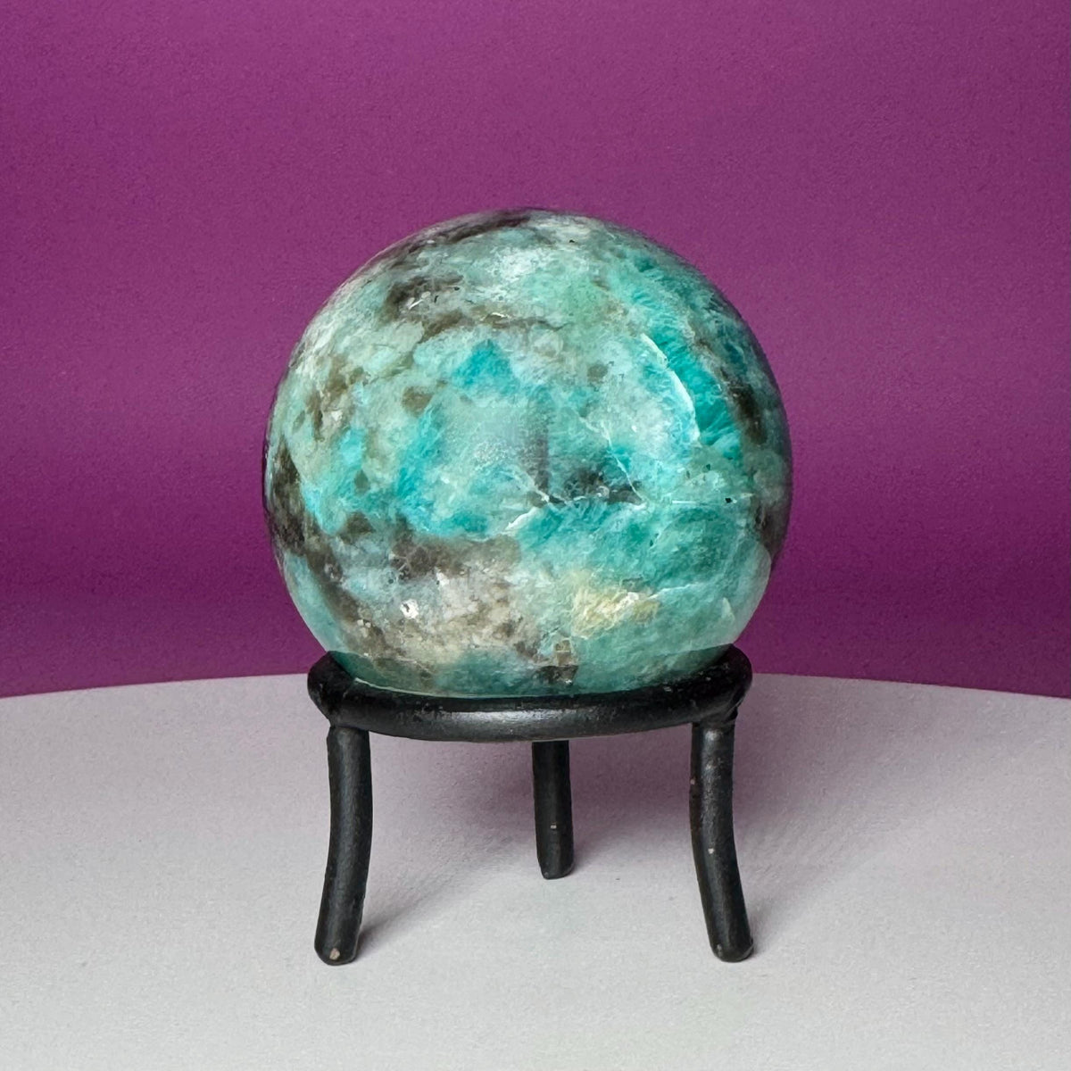 Amazonite with Smoky Quartz Sphere on Wrought Iron Stand