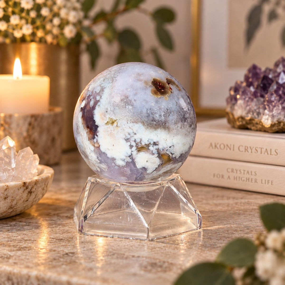 Blue Flower Agate Sphere with Acrylic Stand