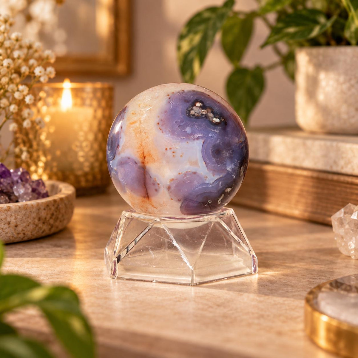 Blue Flower Agate Sphere | Crystal Sphere with Acrylic Stand