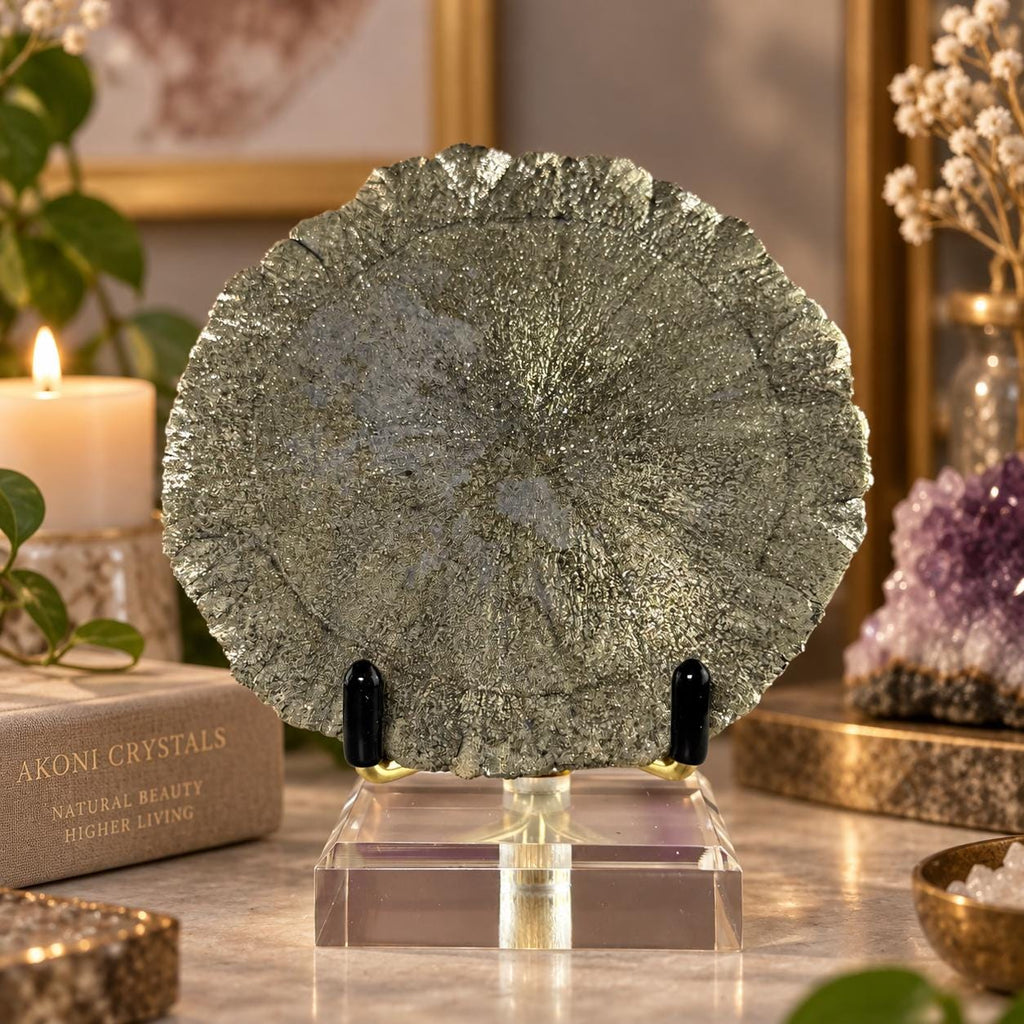 Pyrite Sun Specimen with Gold Metal & Acrylic Stand