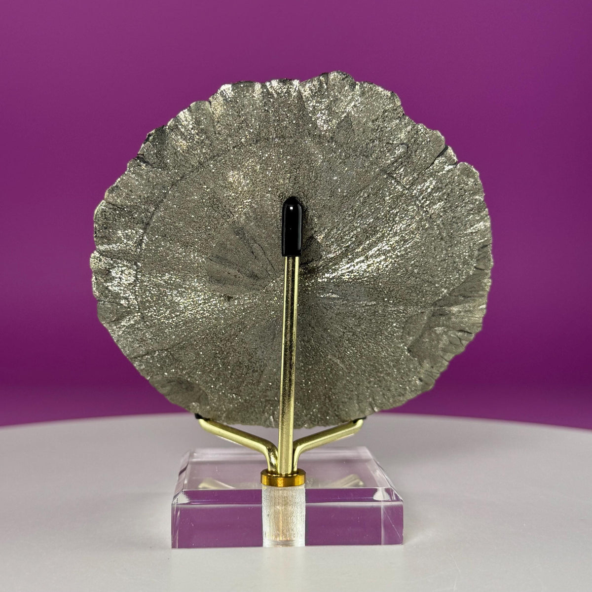 Pyrite Sun Specimen with Gold Metal & Acrylic Stand