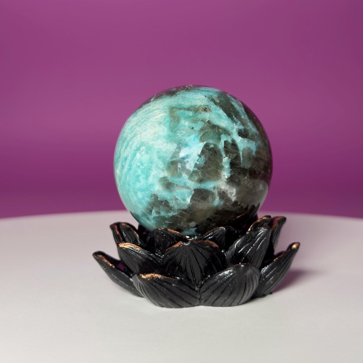 Amazonite with Smoky Quartz Sphere on Lotus Stand