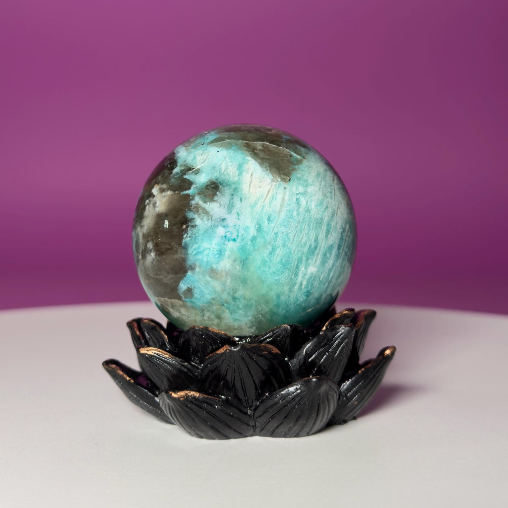Amazonite with Smoky Quartz Sphere on Lotus Stand