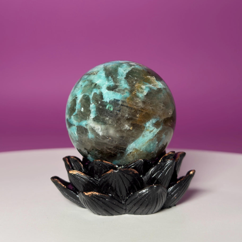 Amazonite with Smoky Quartz Sphere on Lotus Stand