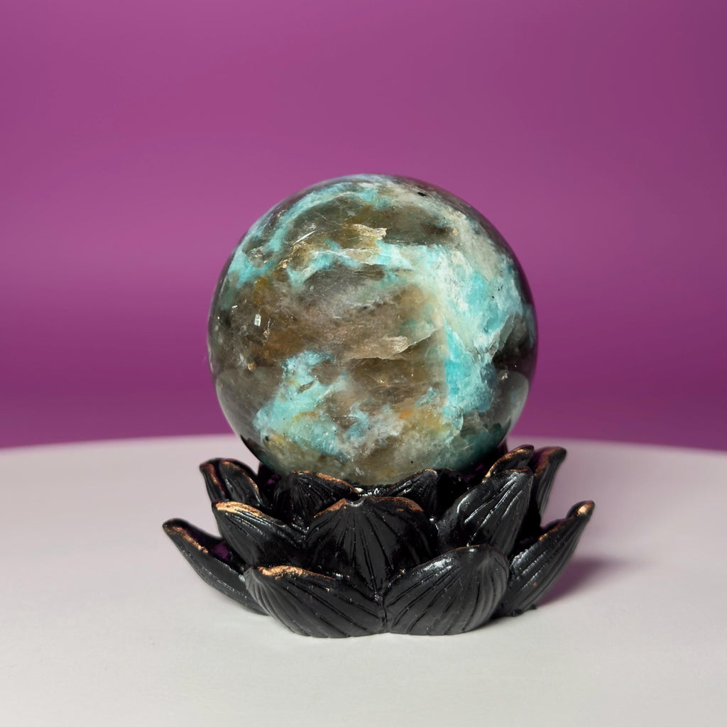 Amazonite with Smoky Quartz Sphere on Lotus Stand