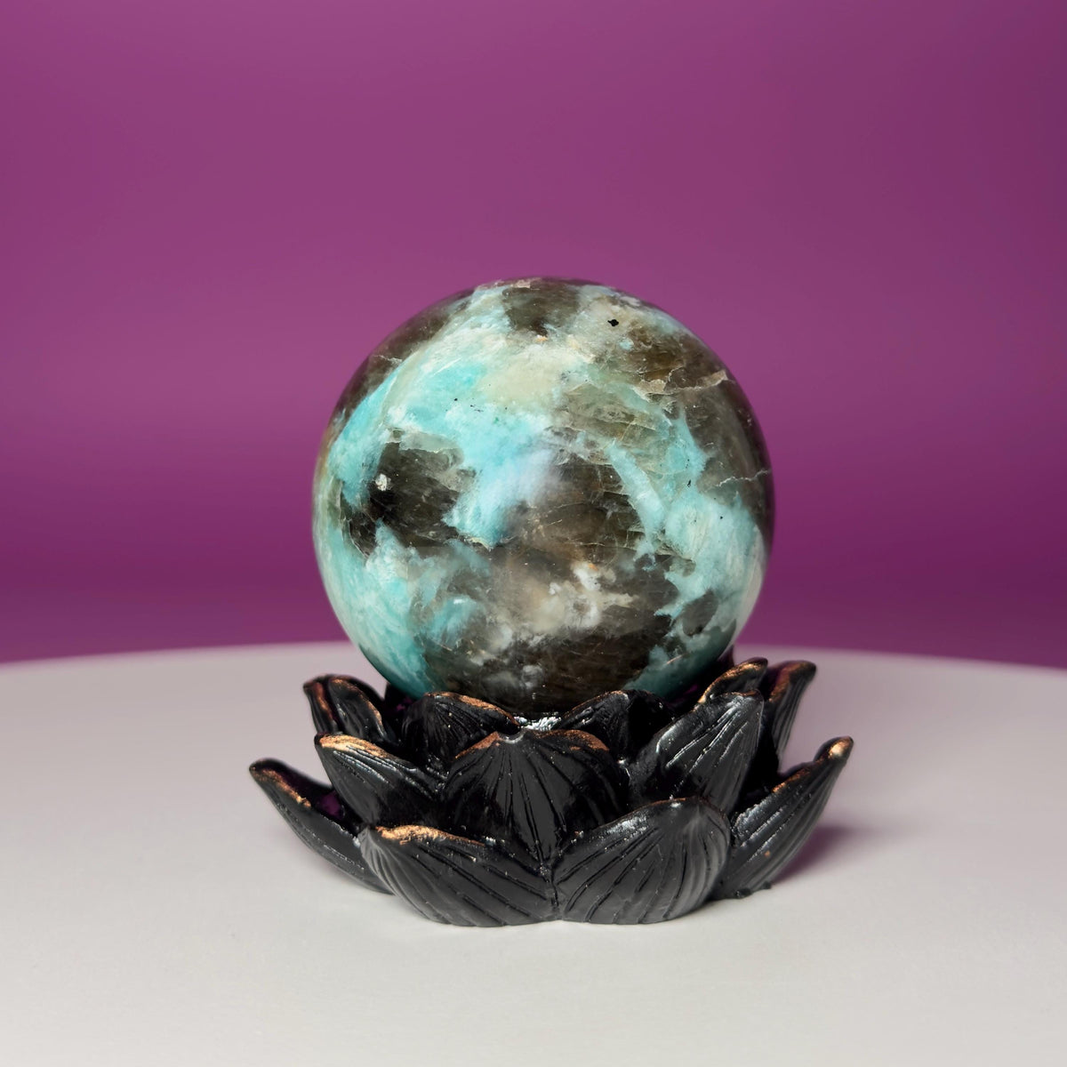 Amazonite with Smoky Quartz Sphere on Lotus Stand
