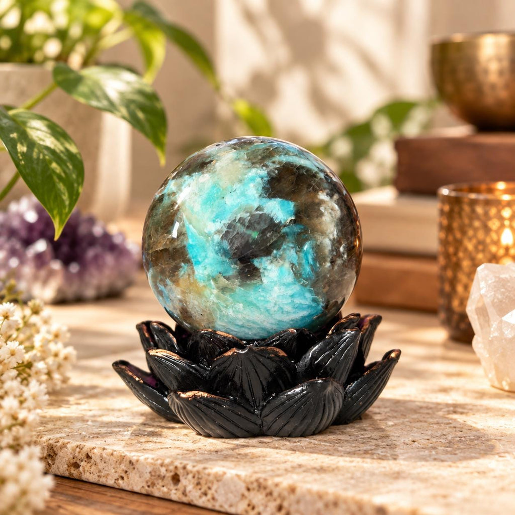 Amazonite with Smoky Quartz Sphere on Lotus Stand