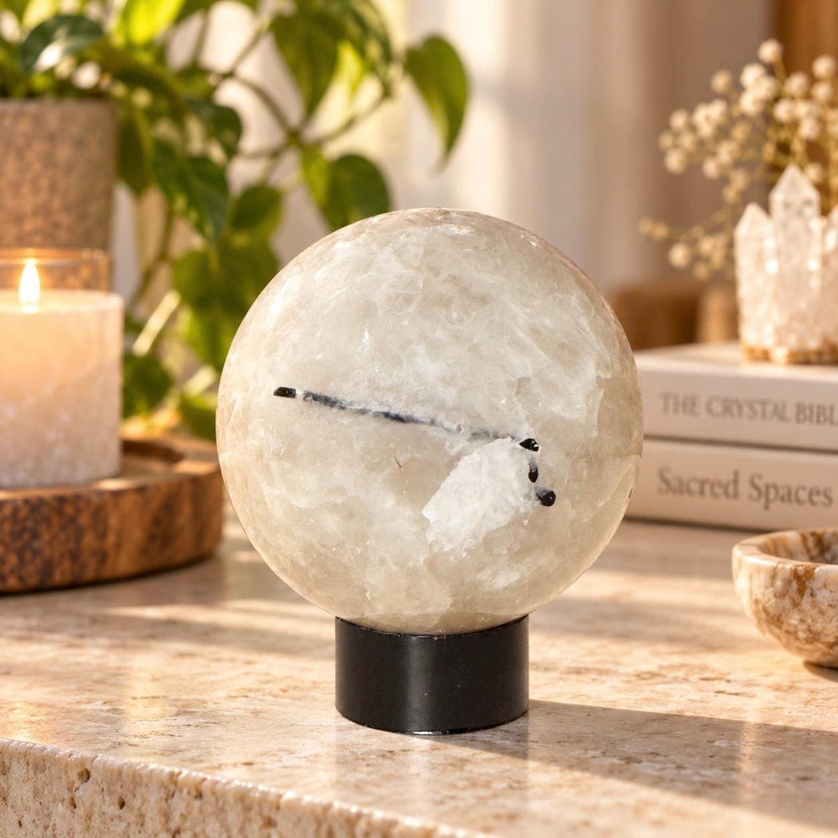 Tourmalinated Quartz Sphere on Black Acrylic Stand