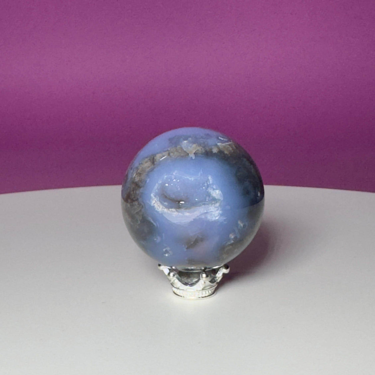 Blue Flower Agate Druzy Sphere with Silver-Tone Stand