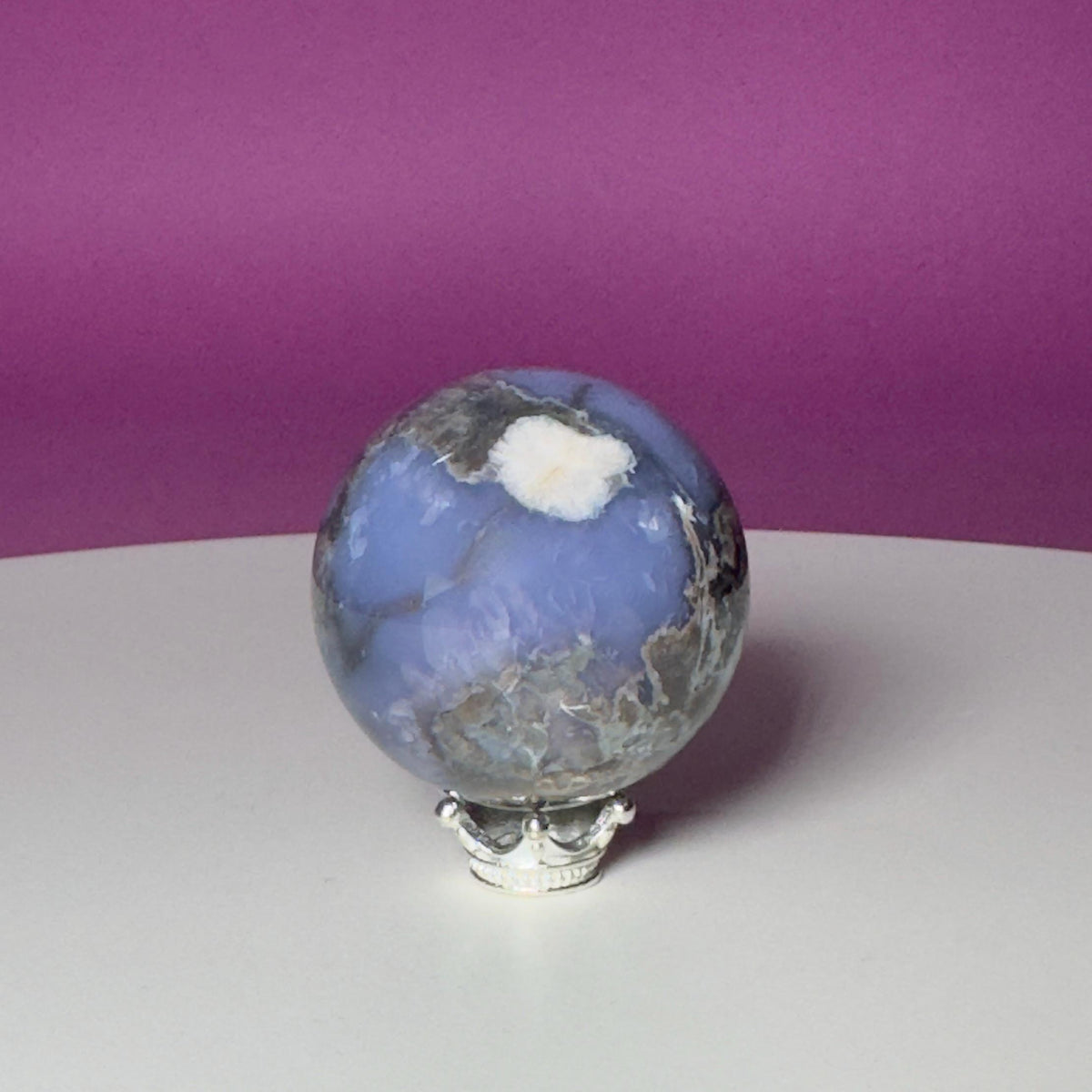 Blue Flower Agate Druzy Sphere with Silver-Tone Stand