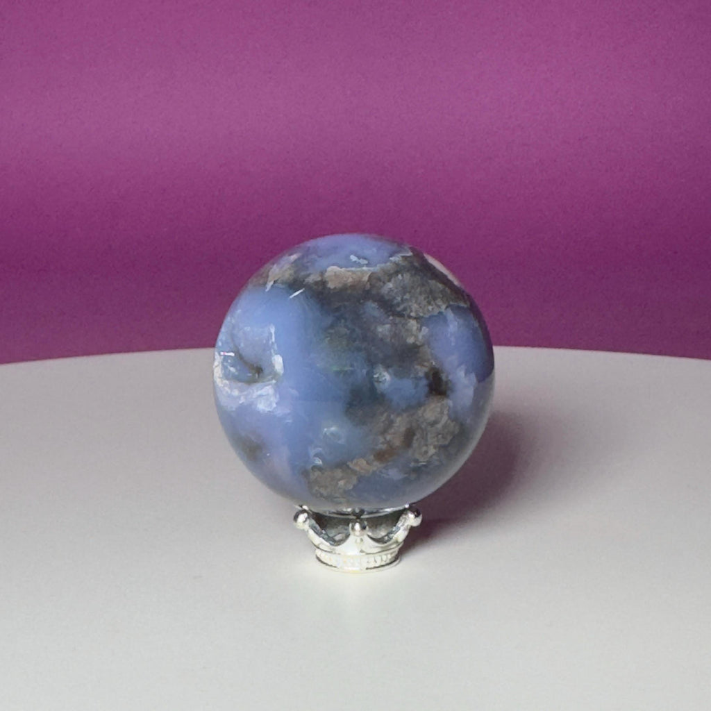Blue Flower Agate Druzy Sphere with Silver-Tone Stand