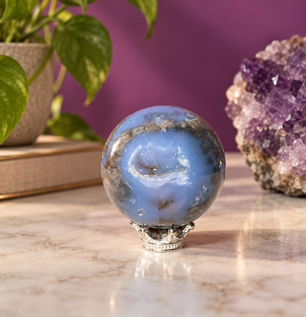 Blue Flower Agate Druzy Sphere with Silver-Tone Stand