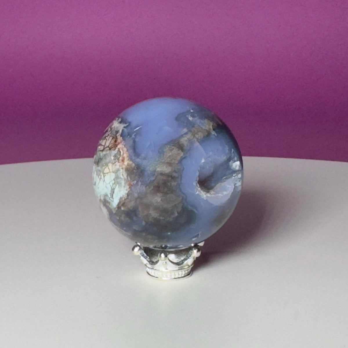 Blue Flower Agate Druzy Sphere with Silver-Tone Stand