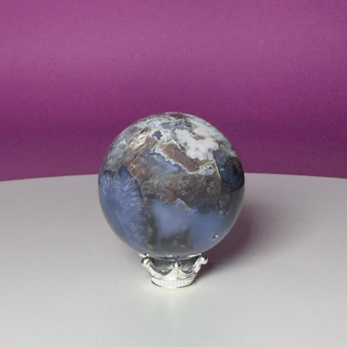 Blue Flower Agate Druzy Sphere with Silver-Tone Stand
