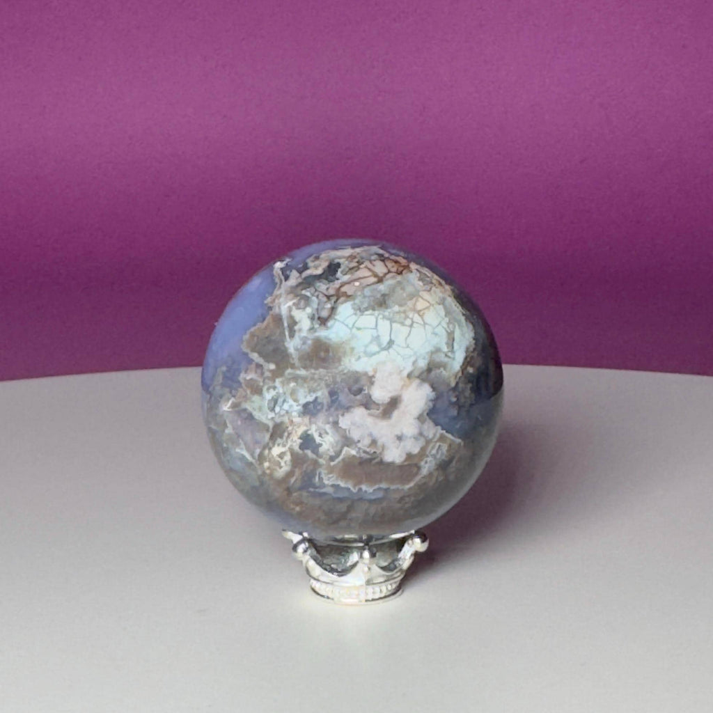 Blue Flower Agate Druzy Sphere with Silver-Tone Stand