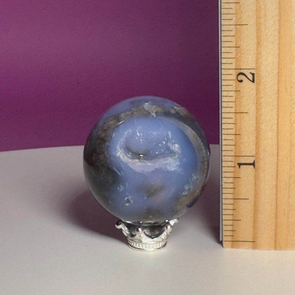 Blue Flower Agate Druzy Sphere with Silver-Tone Stand