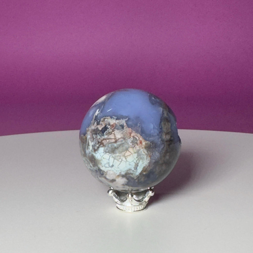 Blue Flower Agate Druzy Sphere with Silver-Tone Stand