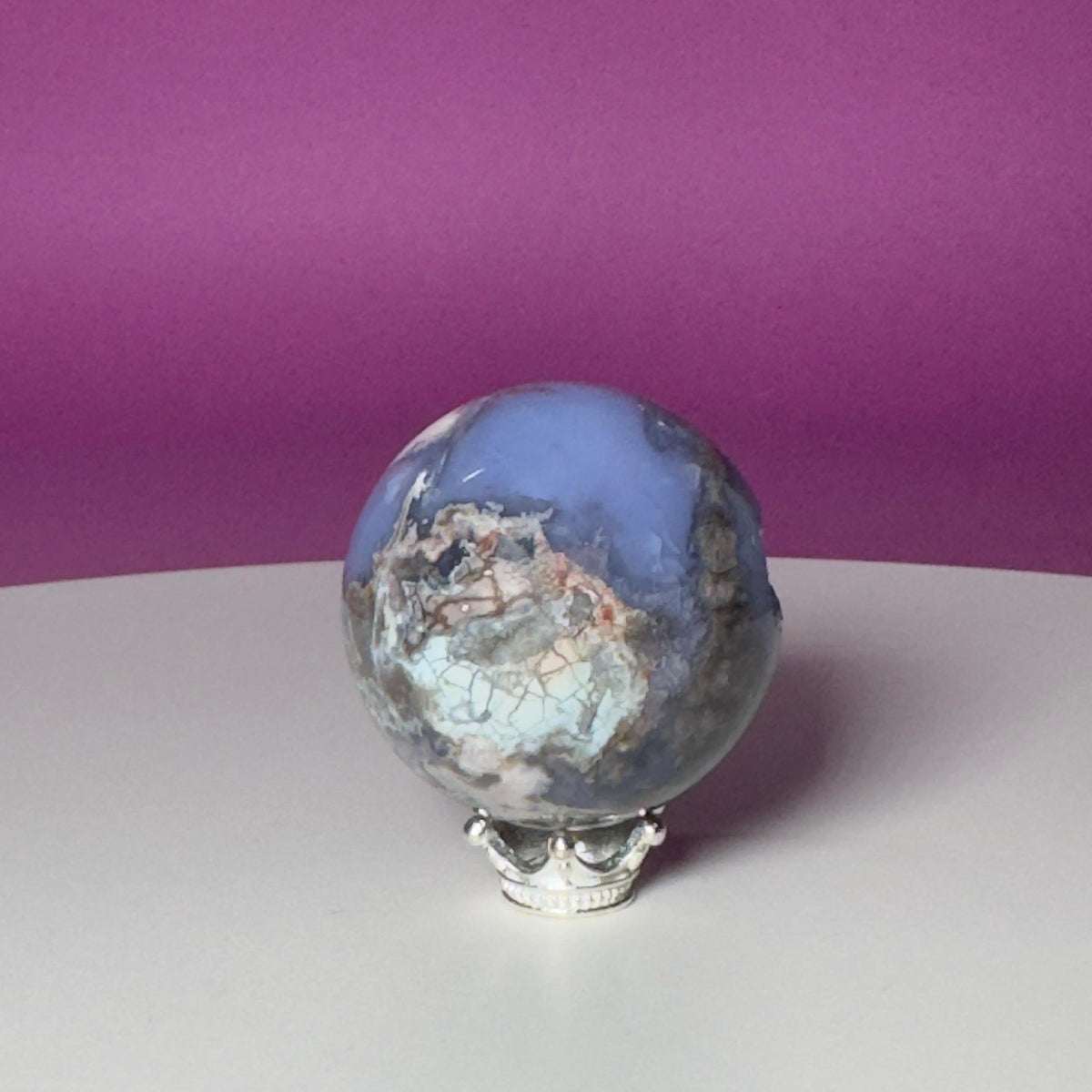 Blue Flower Agate Druzy Sphere with Silver-Tone Stand