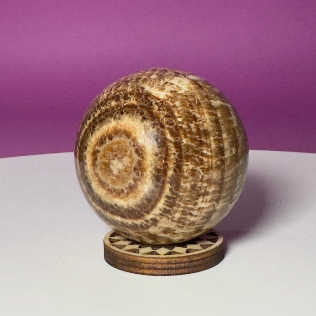 Peruvian Aragonite Sphere with Wood Stand
