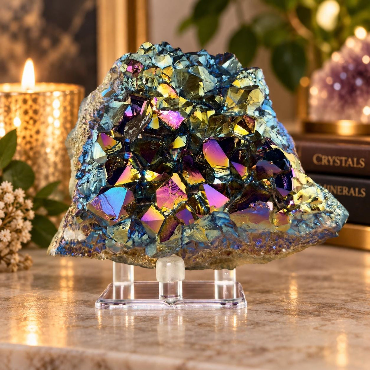 Aura Quartz Cluster | Rainbow Crystal Specimen | Acrylic Display | 474g