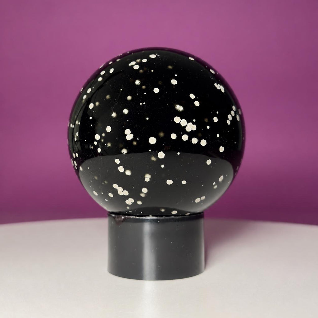 Stardust Obsidian Sphere on Black Acrylic Stand – 535g