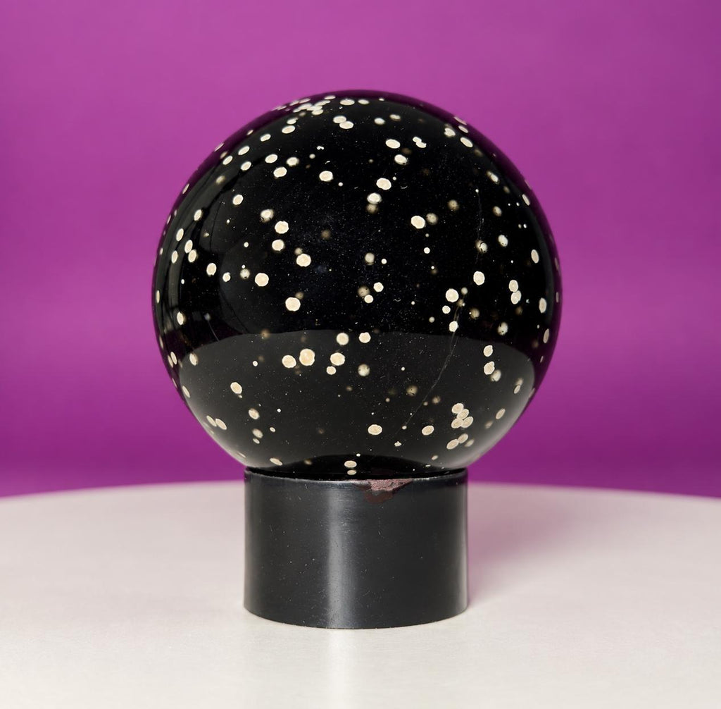 Stardust Obsidian Sphere on Black Acrylic Stand – 535g