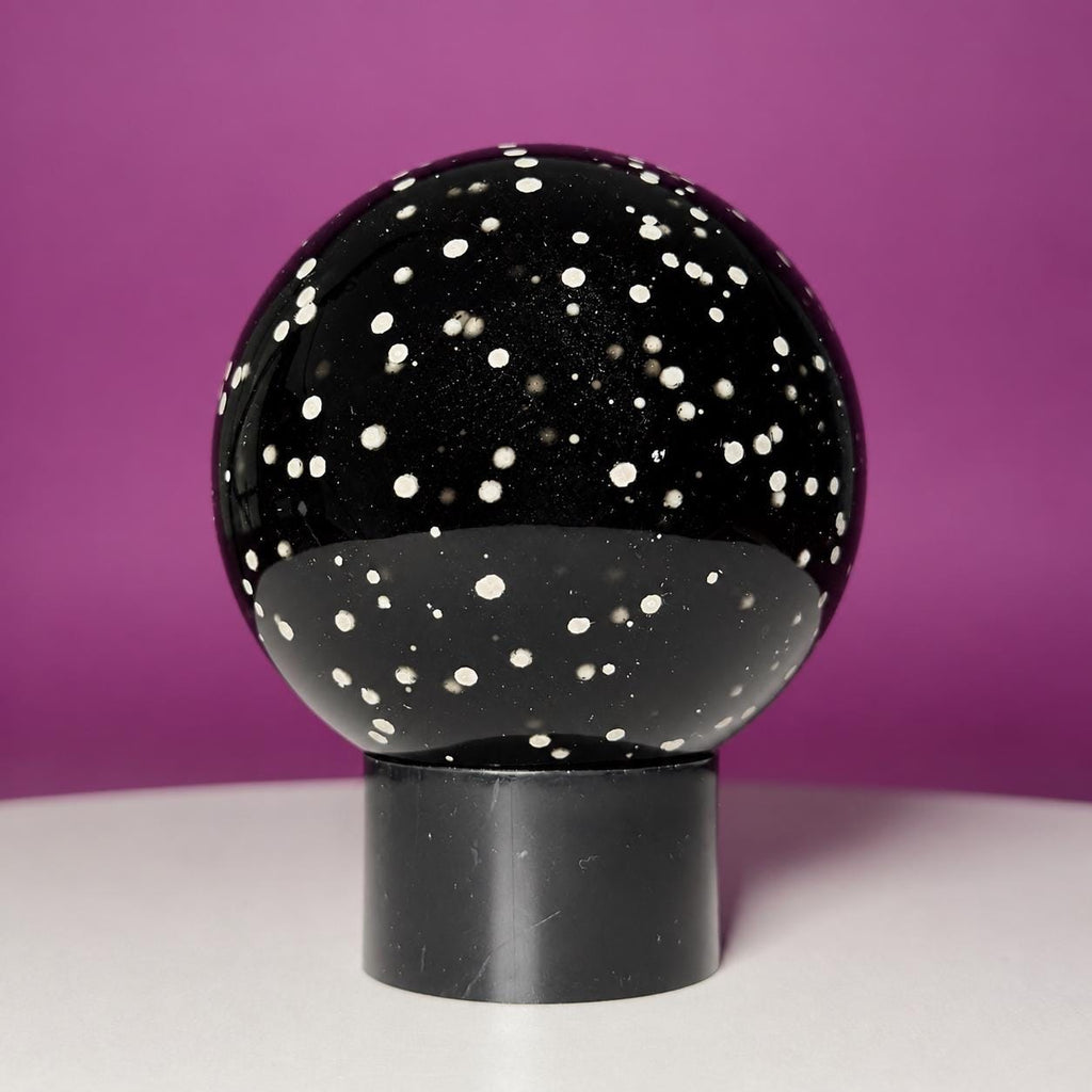 Stardust Obsidian Sphere on Black Acrylic Stand – 535g