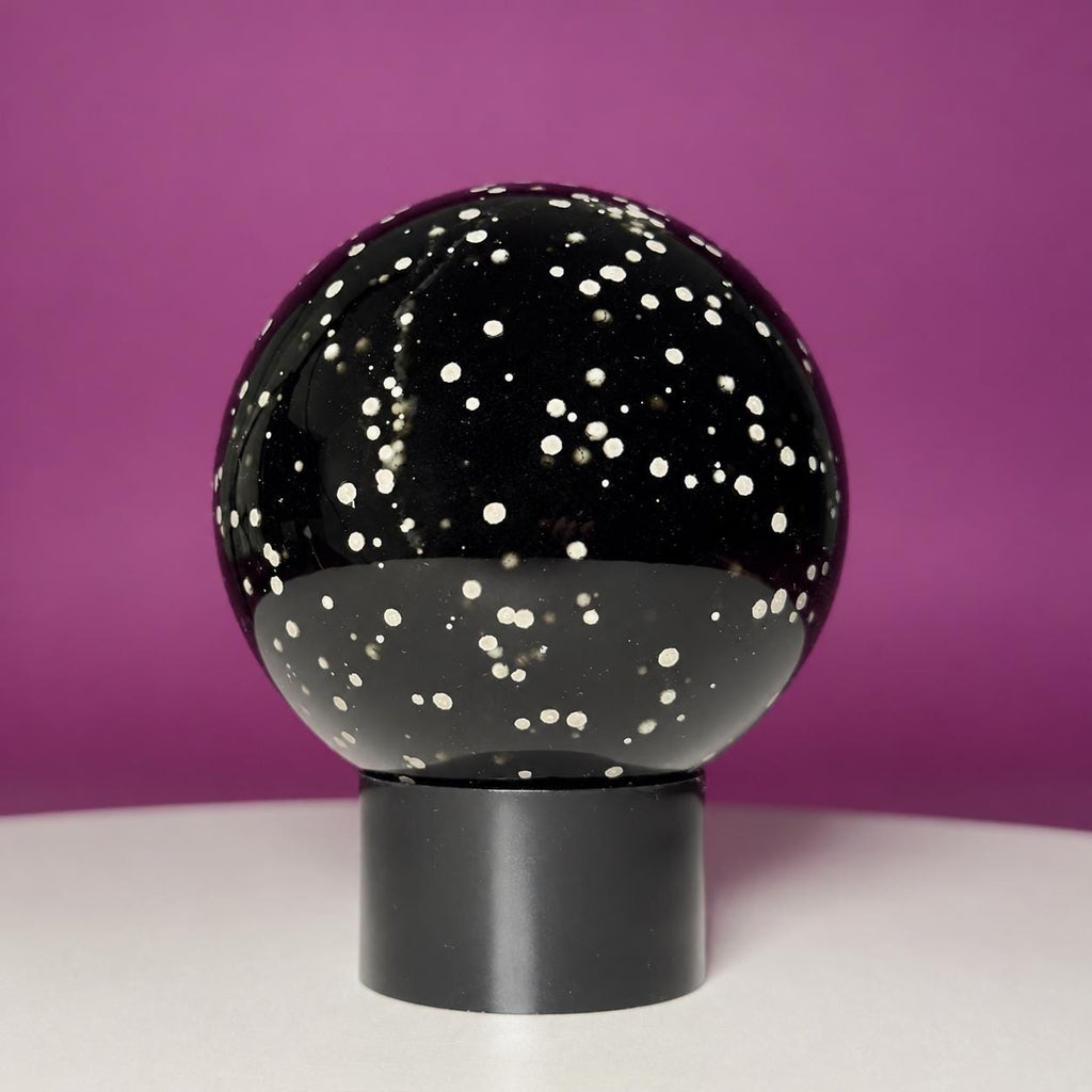 Stardust Obsidian Sphere on Black Acrylic Stand – 535g