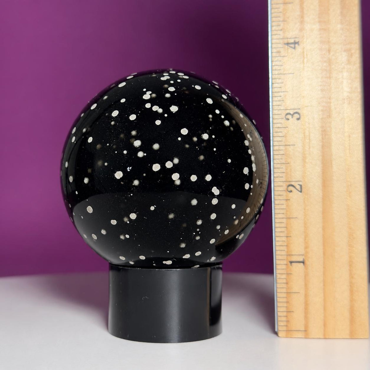 Stardust Obsidian Sphere on Black Acrylic Stand – 535g