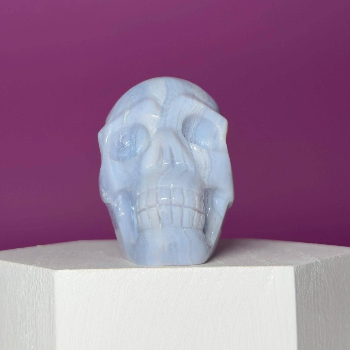 Blue Lace Agate Skull Carving – Natural Blue Banded Crystal