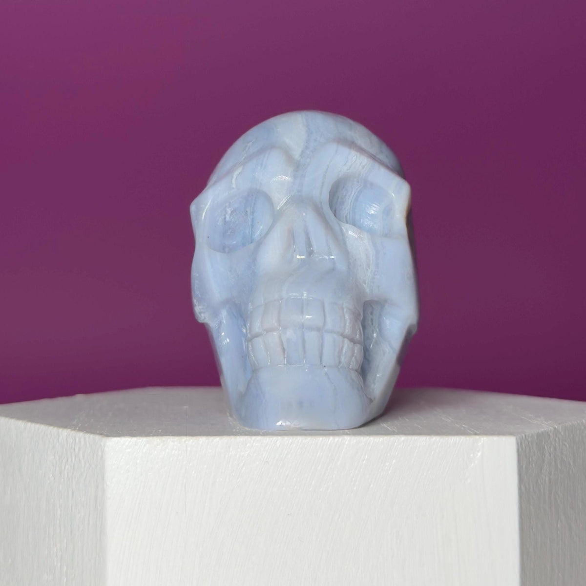 Blue Lace Agate Skull Carving – Natural Blue Banded Crystal