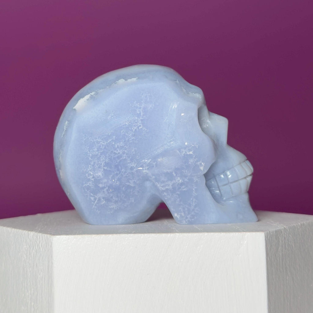Blue Lace Agate Skull Carving – Natural Blue Banded Crystal