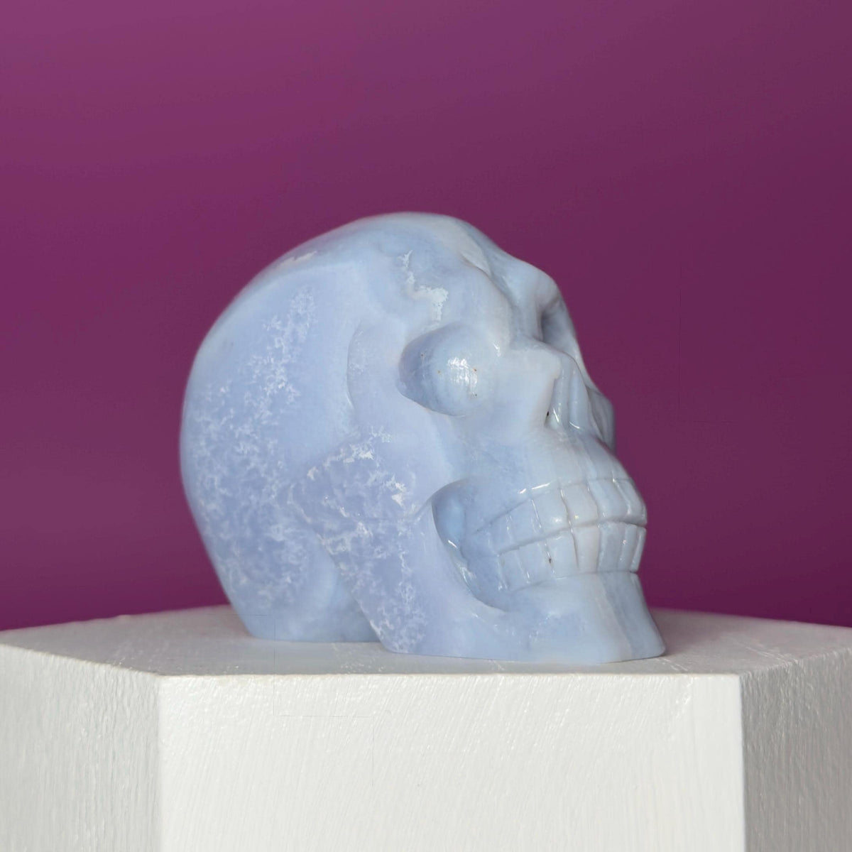 Blue Lace Agate Skull Carving – Natural Blue Banded Crystal