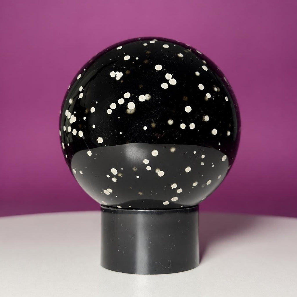 Stardust Obsidian Sphere on Black Acrylic Stand – 535g