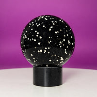 Stardust Obsidian Sphere on Black Acrylic Stand – 535g
