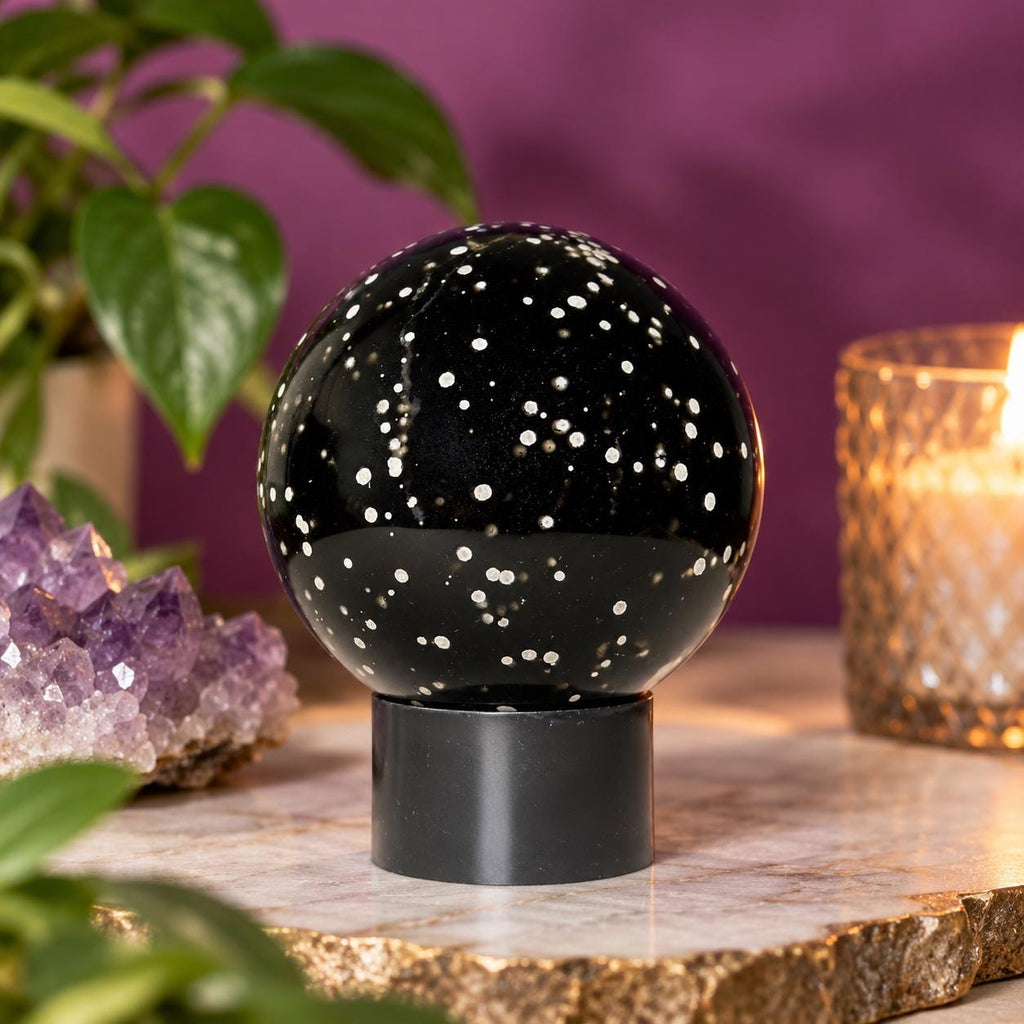 Stardust Obsidian Sphere on Black Acrylic Stand – 535g