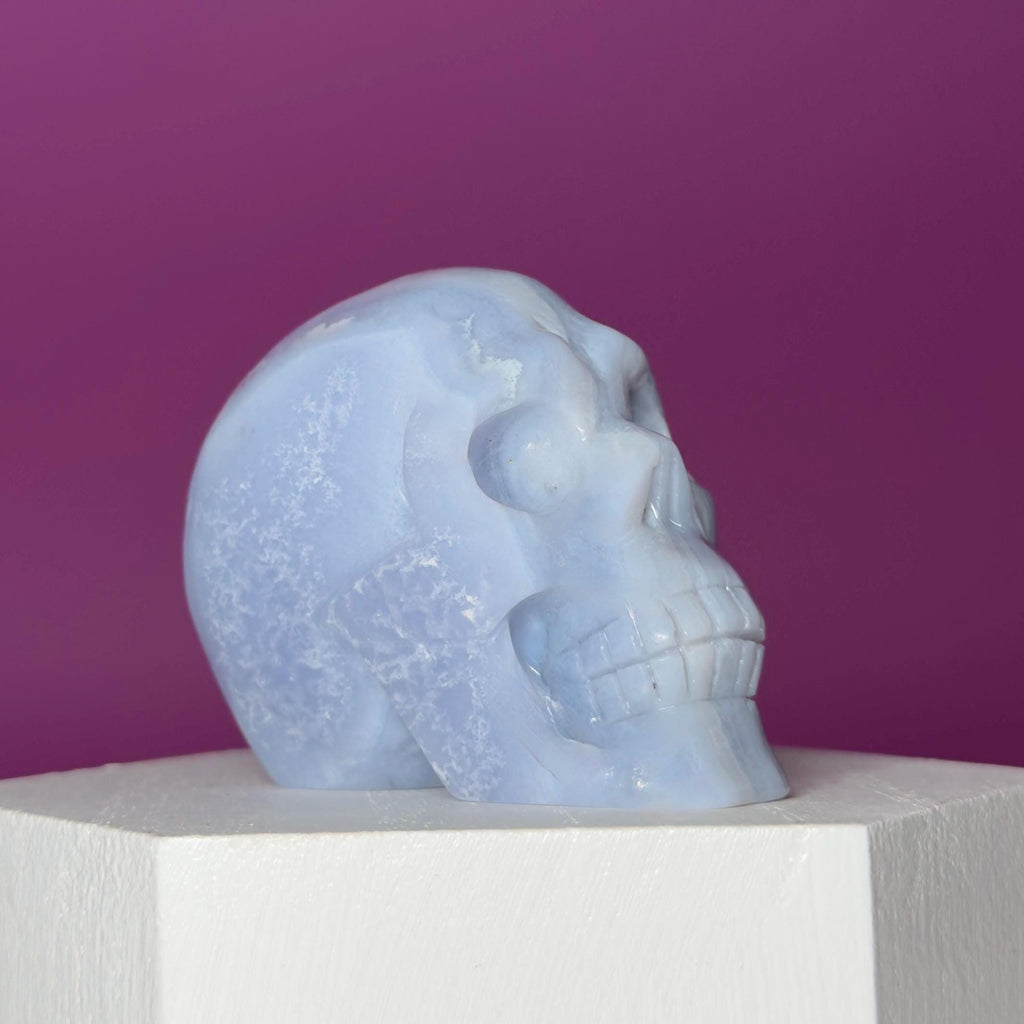 Blue Lace Agate Skull Carving – Natural Blue Banded Crystal
