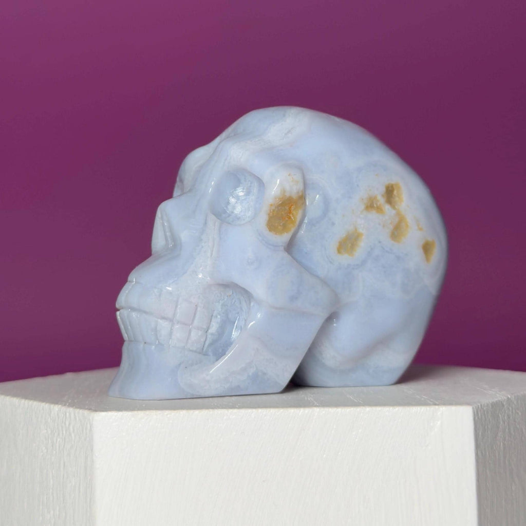 Blue Lace Agate Skull Carving – Natural Blue Banded Crystal