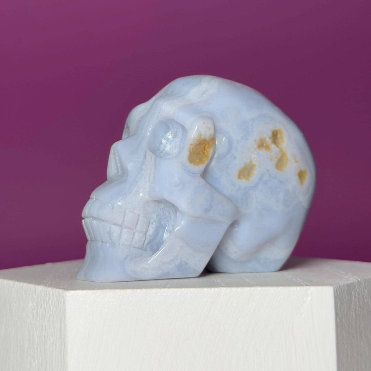 Blue Lace Agate Skull Carving – Natural Blue Banded Crystal