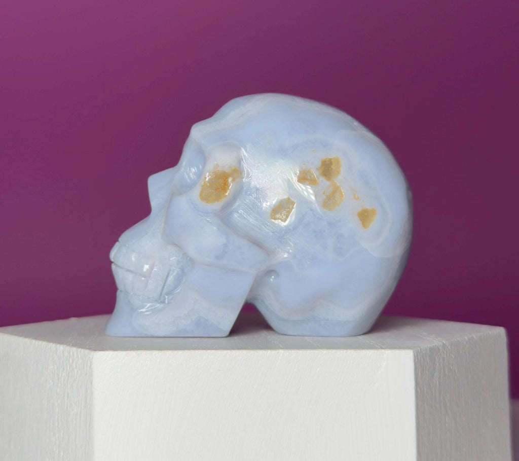 Blue Lace Agate Skull Carving – Natural Blue Banded Crystal