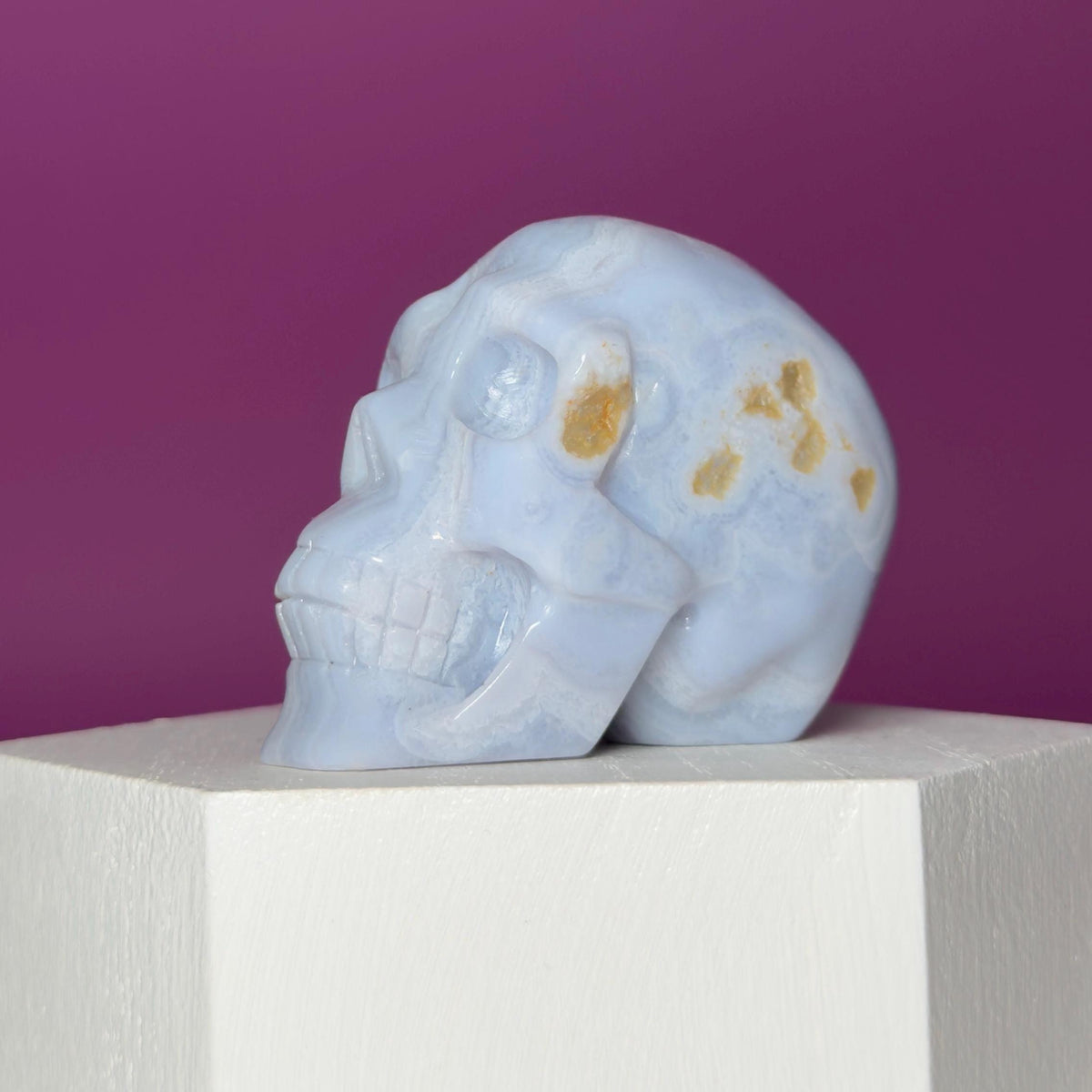 Blue Lace Agate Skull Carving – Natural Blue Banded Crystal