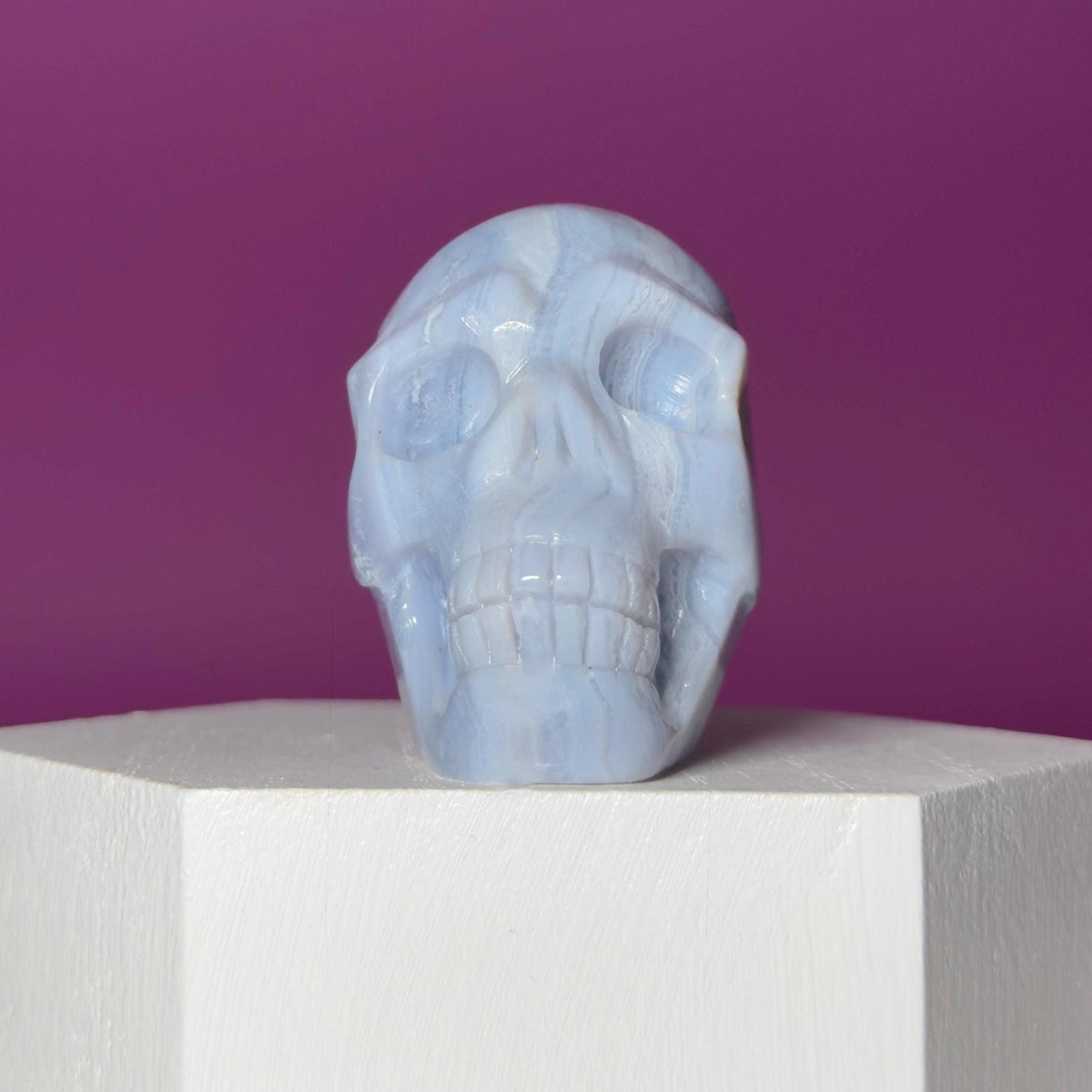 Blue Lace Agate Skull Carving – Natural Blue Banded Crystal